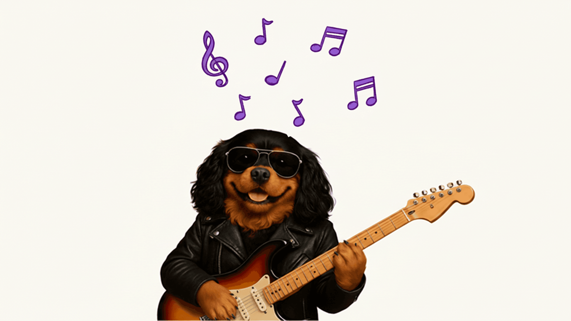 Dog holding a guitar with music symbols above its head