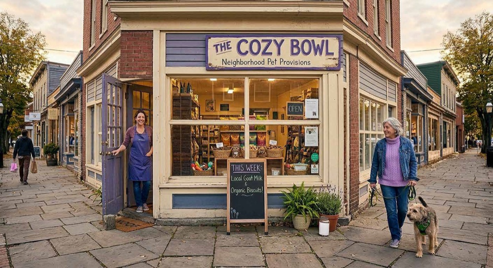 The Cozy Bowl pet shop storefront