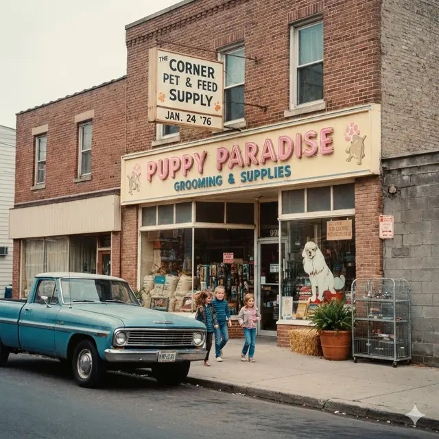 Puppy Paradise corner pet shop storefront