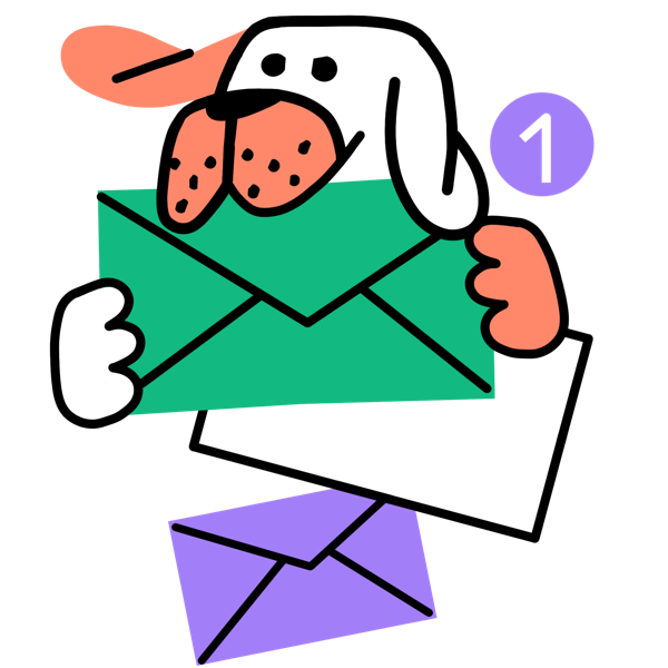 Illustration of a dog holding marketing envelopes