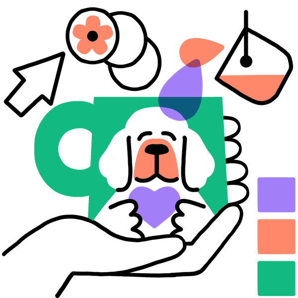 Illustration of a hand holding a dog portrait with color swatches