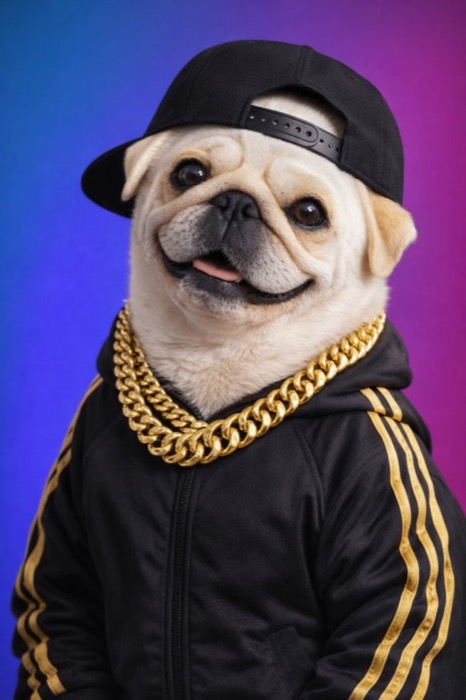 AI portrait of a dog in a cap and gold chain