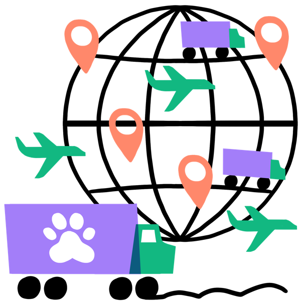 Illustration of a globe surrounded by delivery trucks and planes