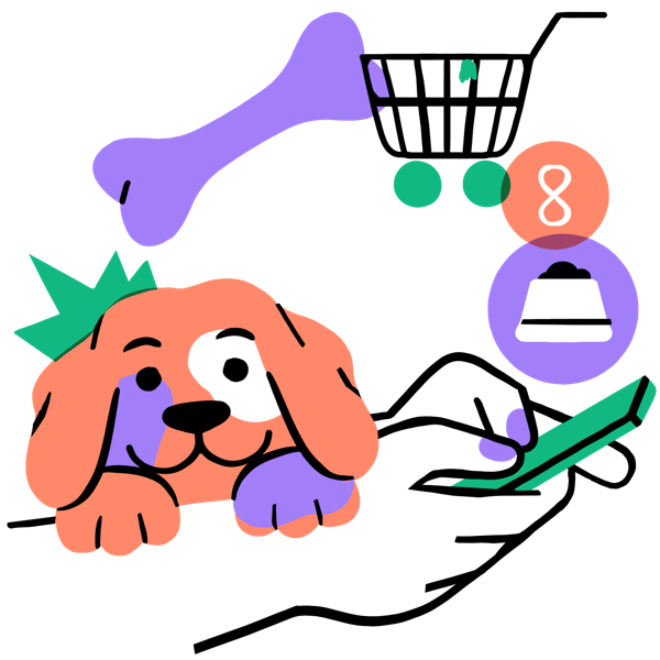 Illustration of a puppy watching an online shopping cart
