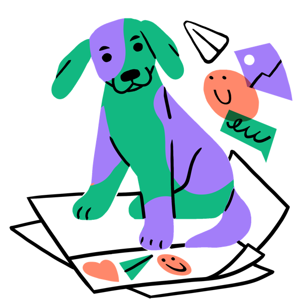 Illustration of a dog sitting on a pile of blank papers