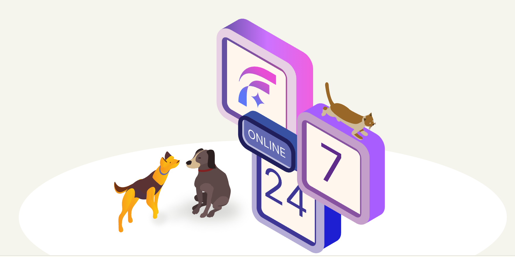 Isometric illustration of a 24/7 online Furlana storefront with pets gathered around it
