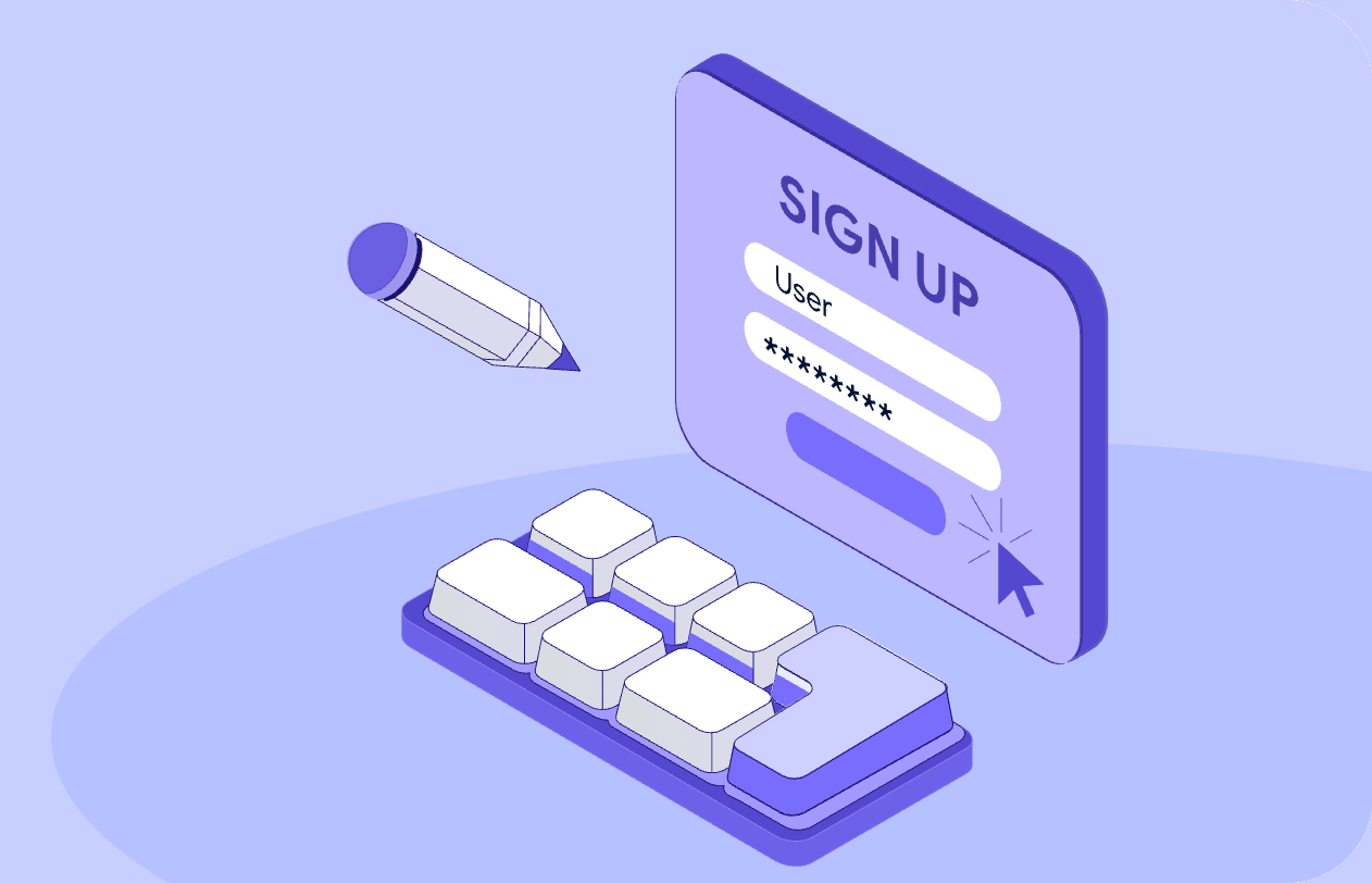 Isometric illustration of a sign-up form being filled in
