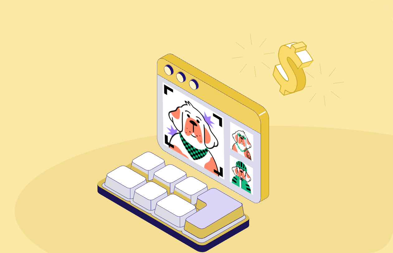 Isometric illustration of a laptop with pet portraits and a dollar coin