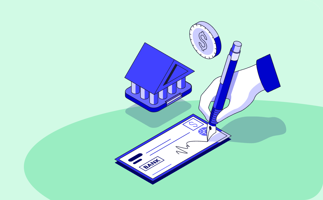 Isometric illustration of a bank, a signed check, and a coin being paid out