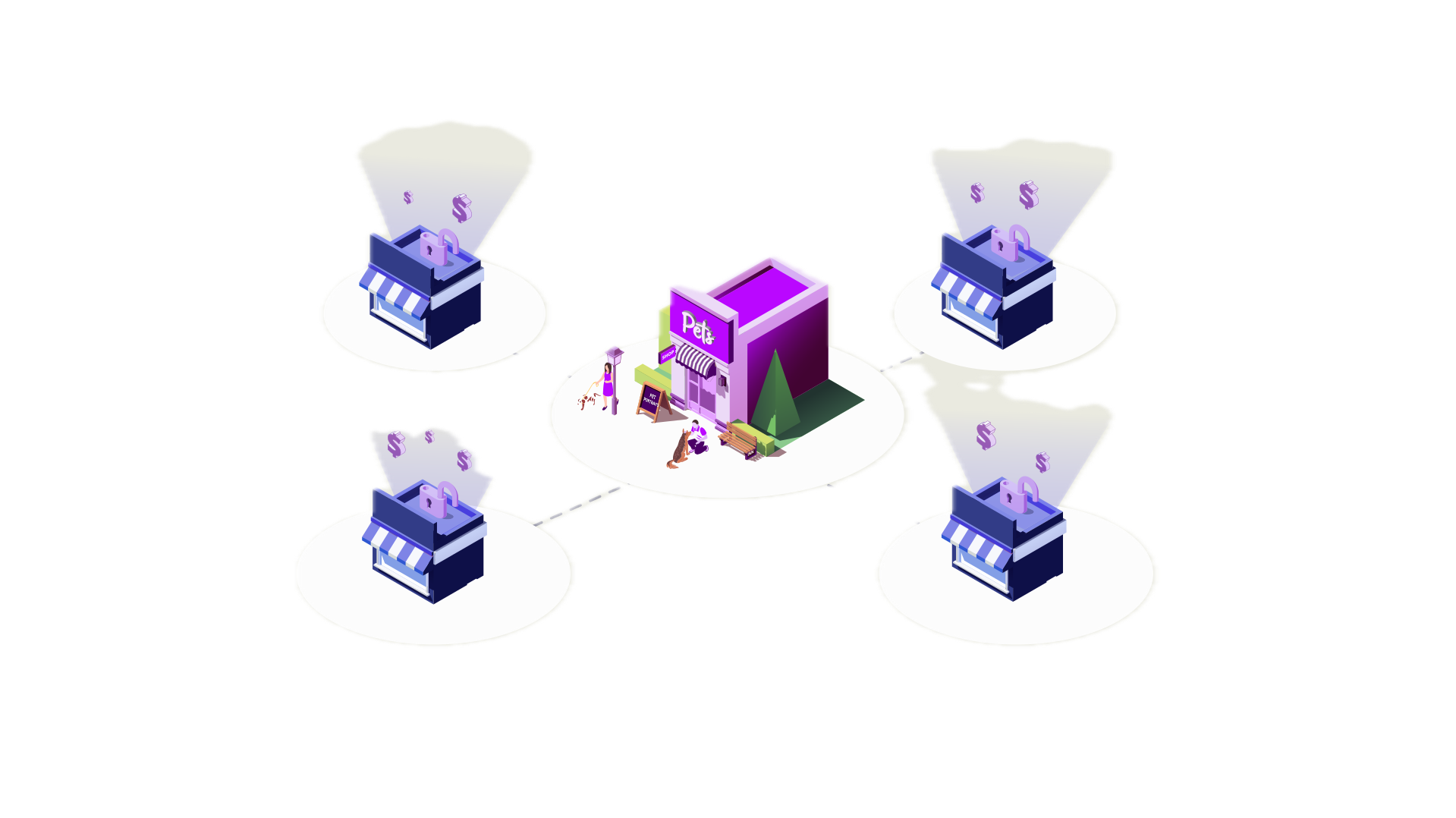 Illustration of dogs playing at a boarding and daycare pet shop