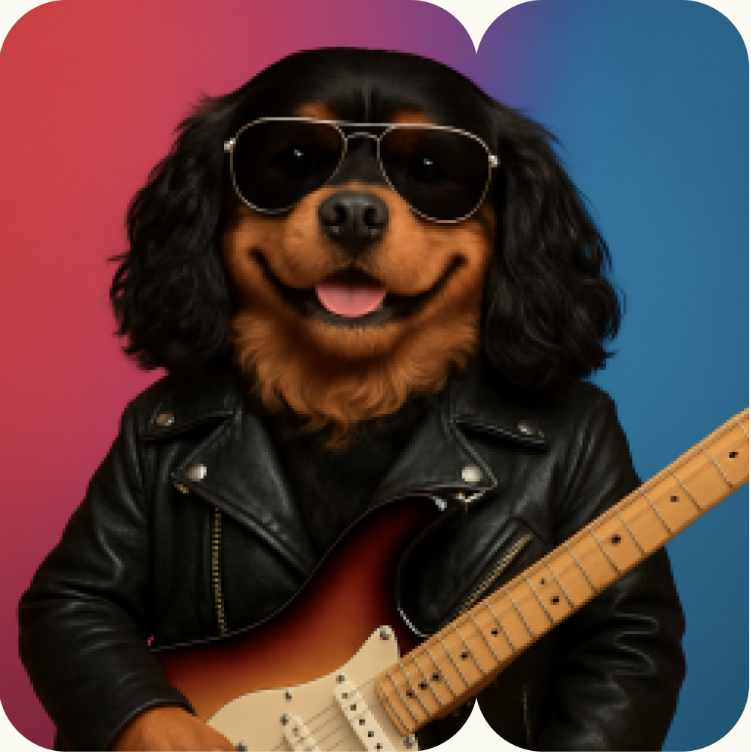 AI portrait of a dog wearing sunglasses and a leather jacket while playing guitar